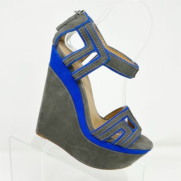 L.A.M.B. Women's Gray Nubuck Platform Wedge Sandals Size 6.5 Open Toe Casual - Picture 1 of 15